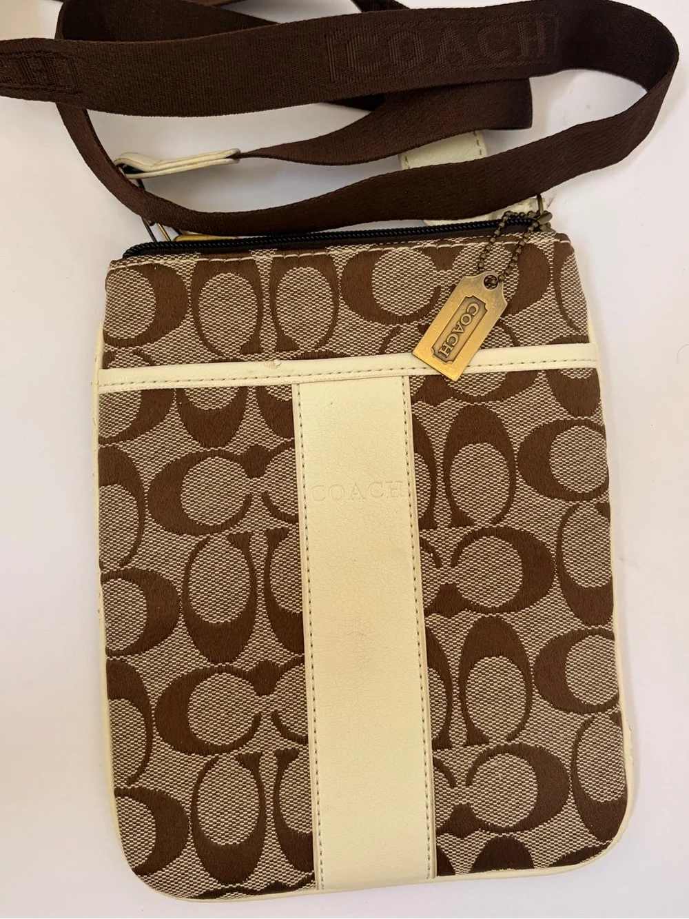 COACH Brown Signature Canvas Crossbody with Cream Trim